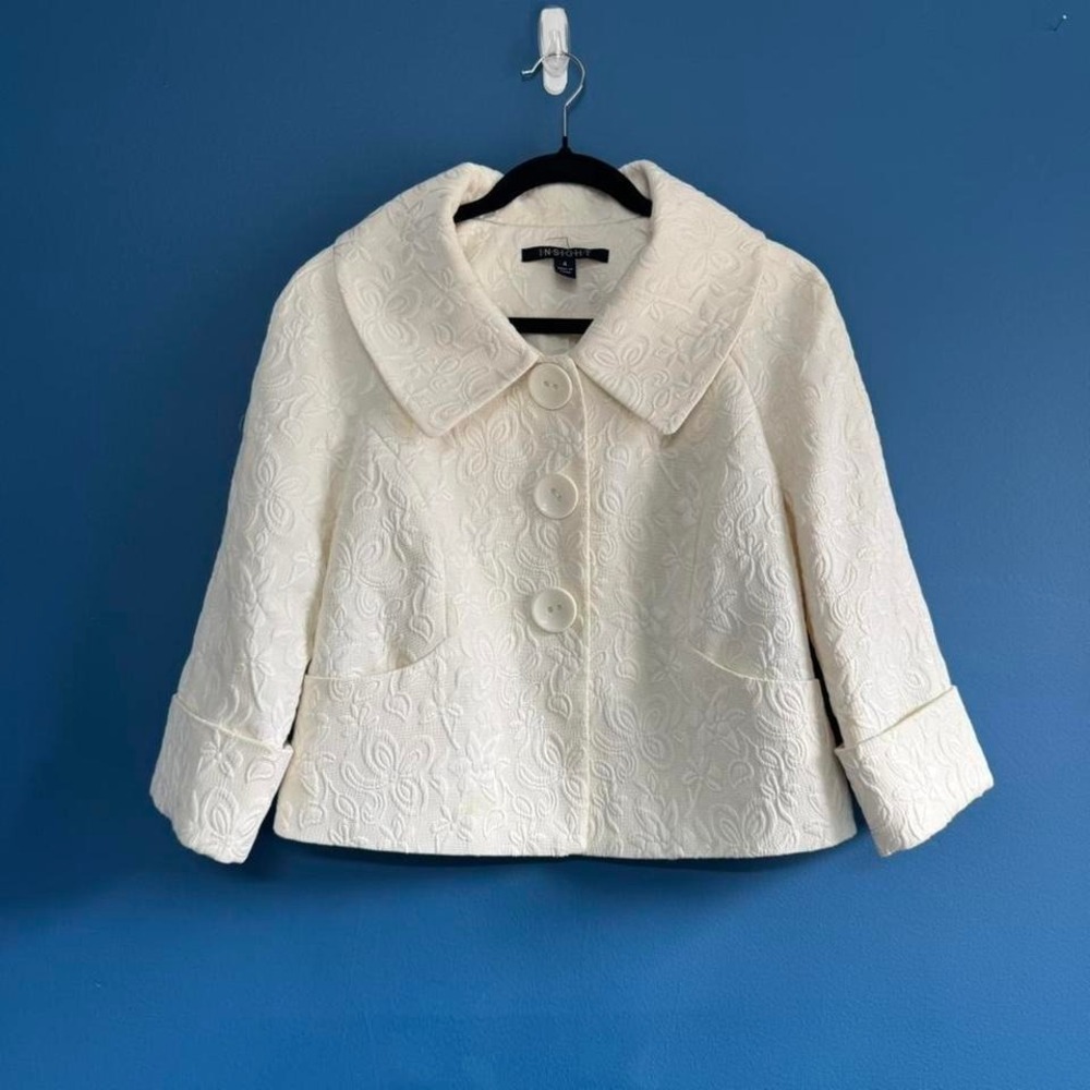 Insight White Crop Jacket Women's Size 4 Floral Classic Posh Mod Twee Preppy